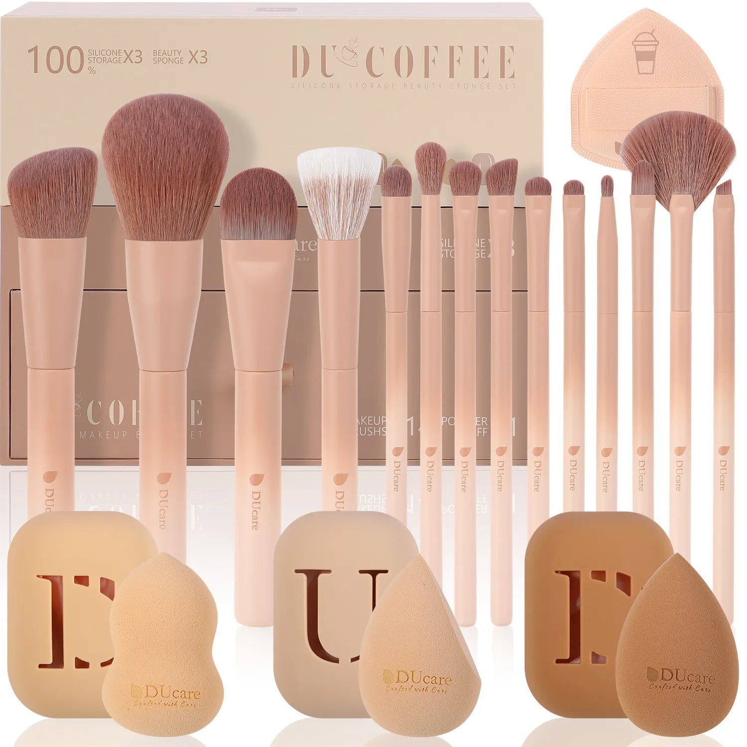 12PCS Ultimate Coffee Glamour Makeup Brush Set with Sponge, Puff & Portable Storage Box