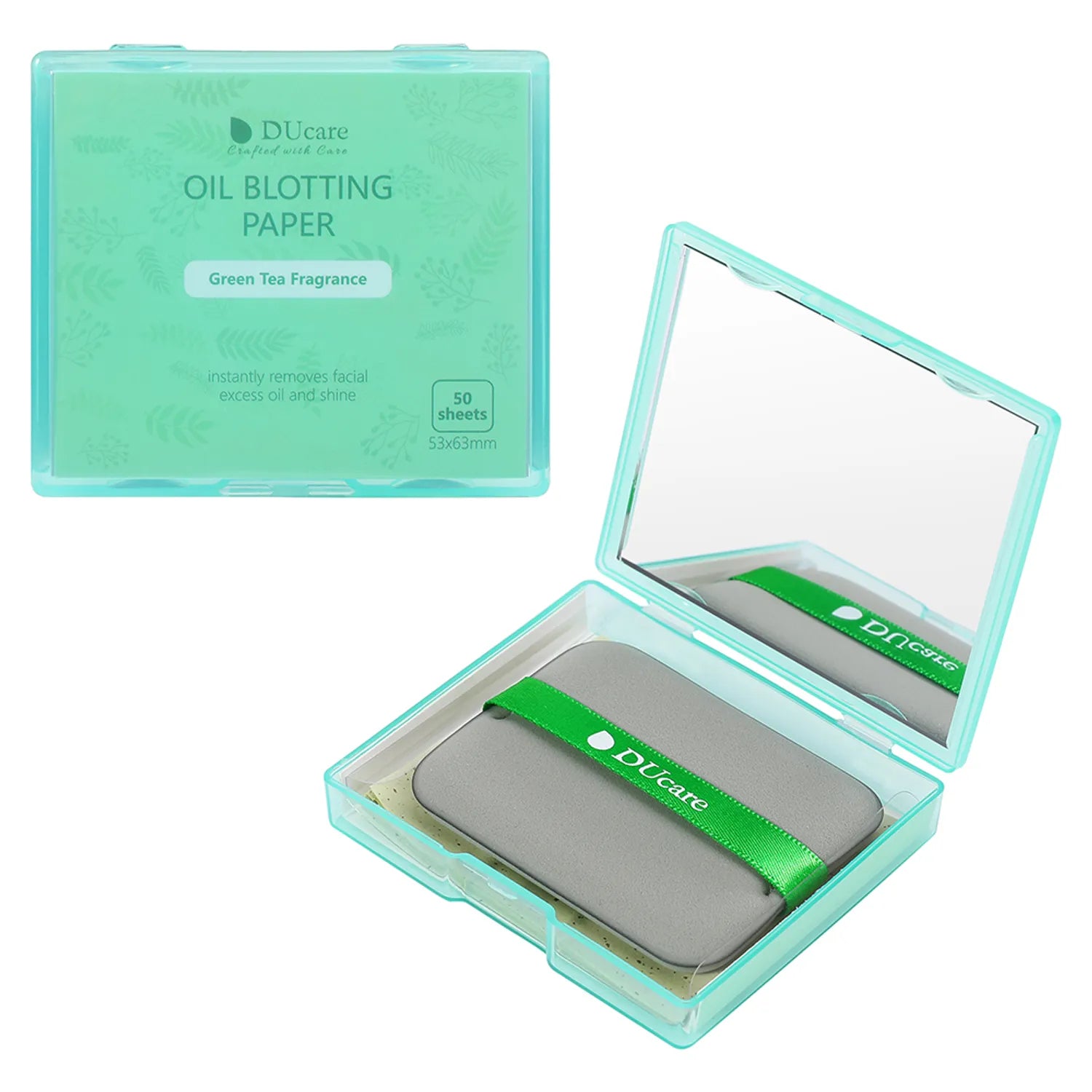 DUcare Green Tea Oil Absorbing Sheets with Portable Mirror Case & Makeup Puff