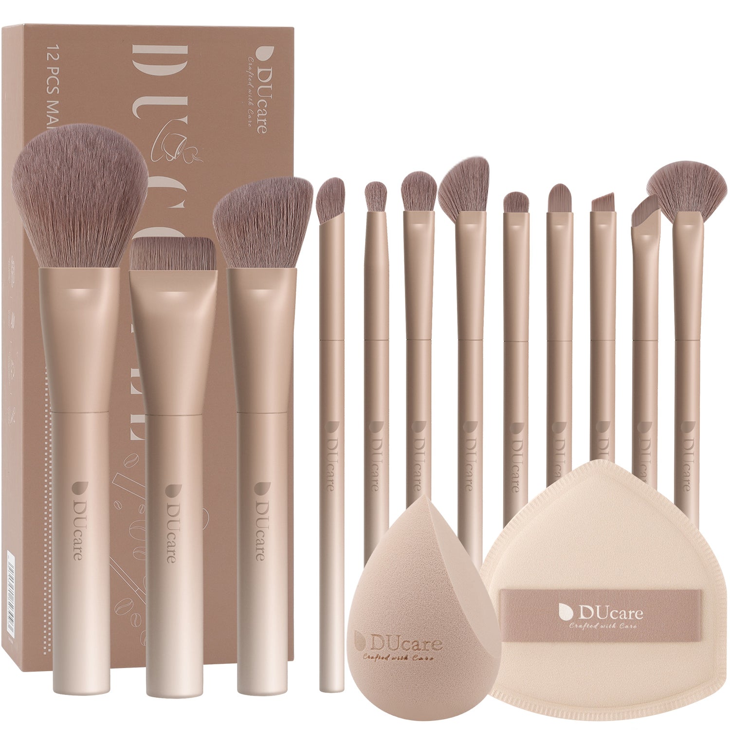 12PCS Ultimate Coffee Glamour Makeup Brush Set with Sponge, Puff & Portable Storage Box