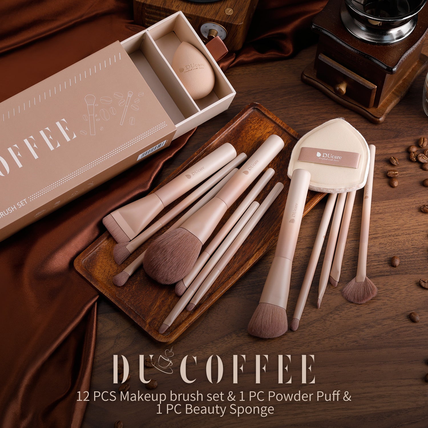12PCS Ultimate Coffee Glamour Makeup Brush Set with Sponge, Puff & Portable Storage Box