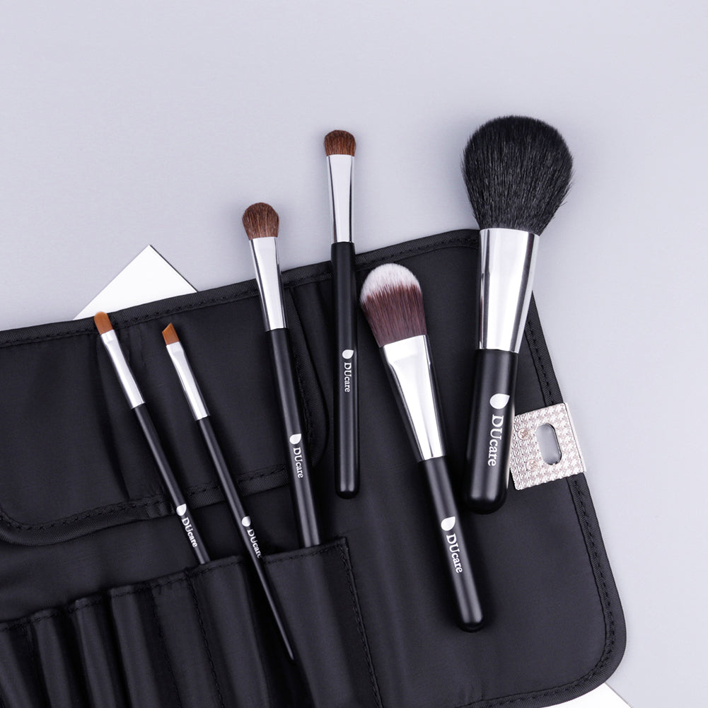 6-Piece Classic Black Face & Eye Brushes with Travel Pouch