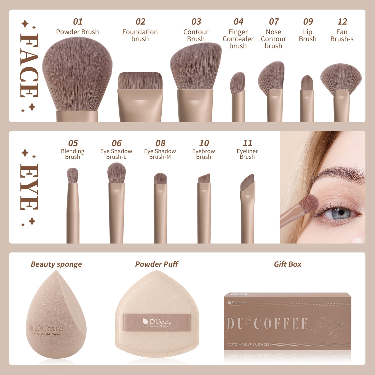 12PCS Ultimate Coffee Glamour Makeup Brush Set with Sponge, Puff & Portable Storage Box
