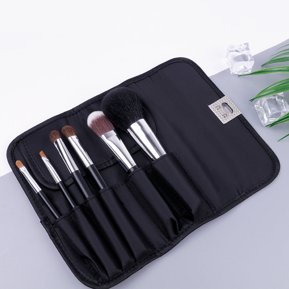 6-Piece Classic Black Face & Eye Brushes with Travel Pouch