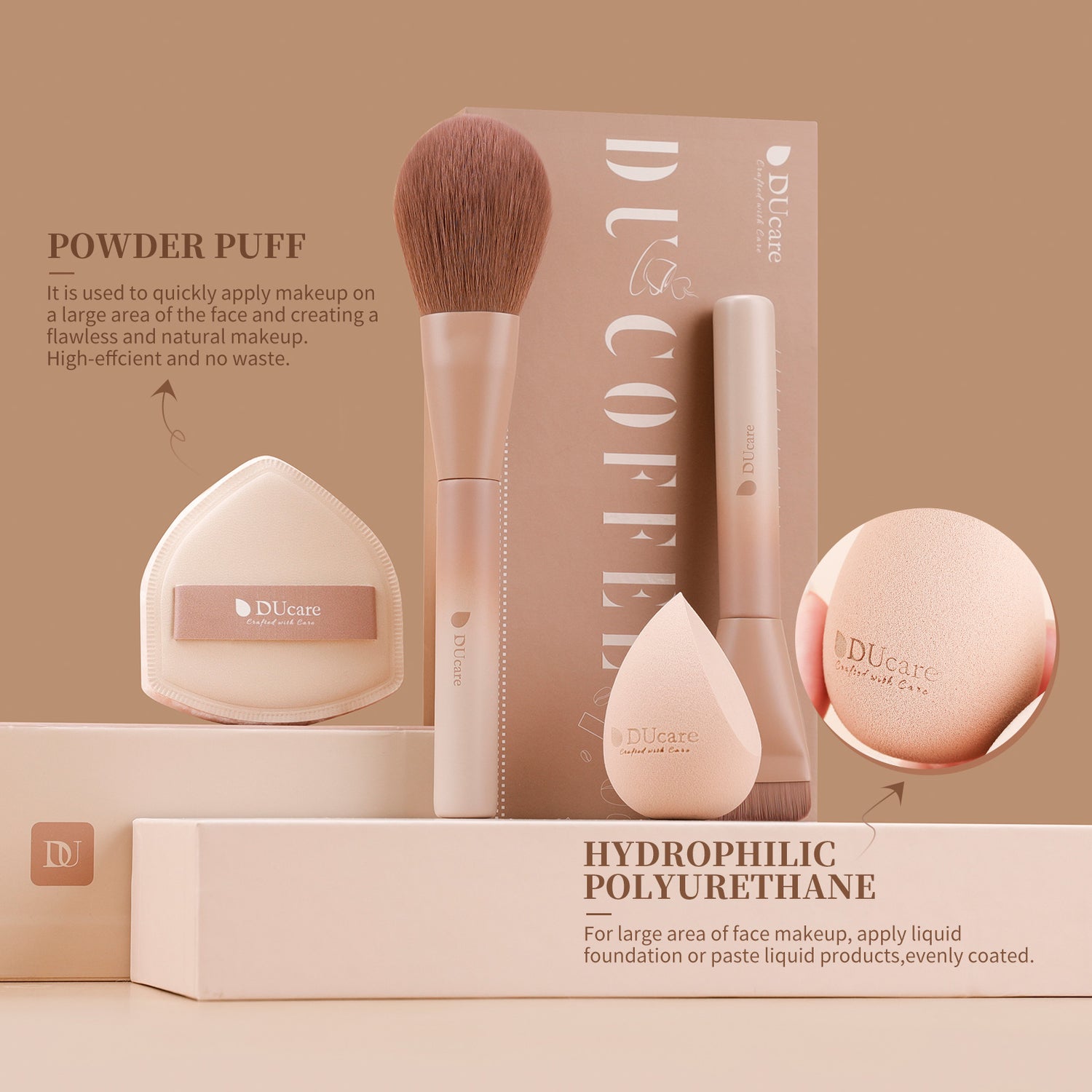 12PCS Ultimate Coffee Glamour Makeup Brush Set with Sponge, Puff & Portable Storage Box