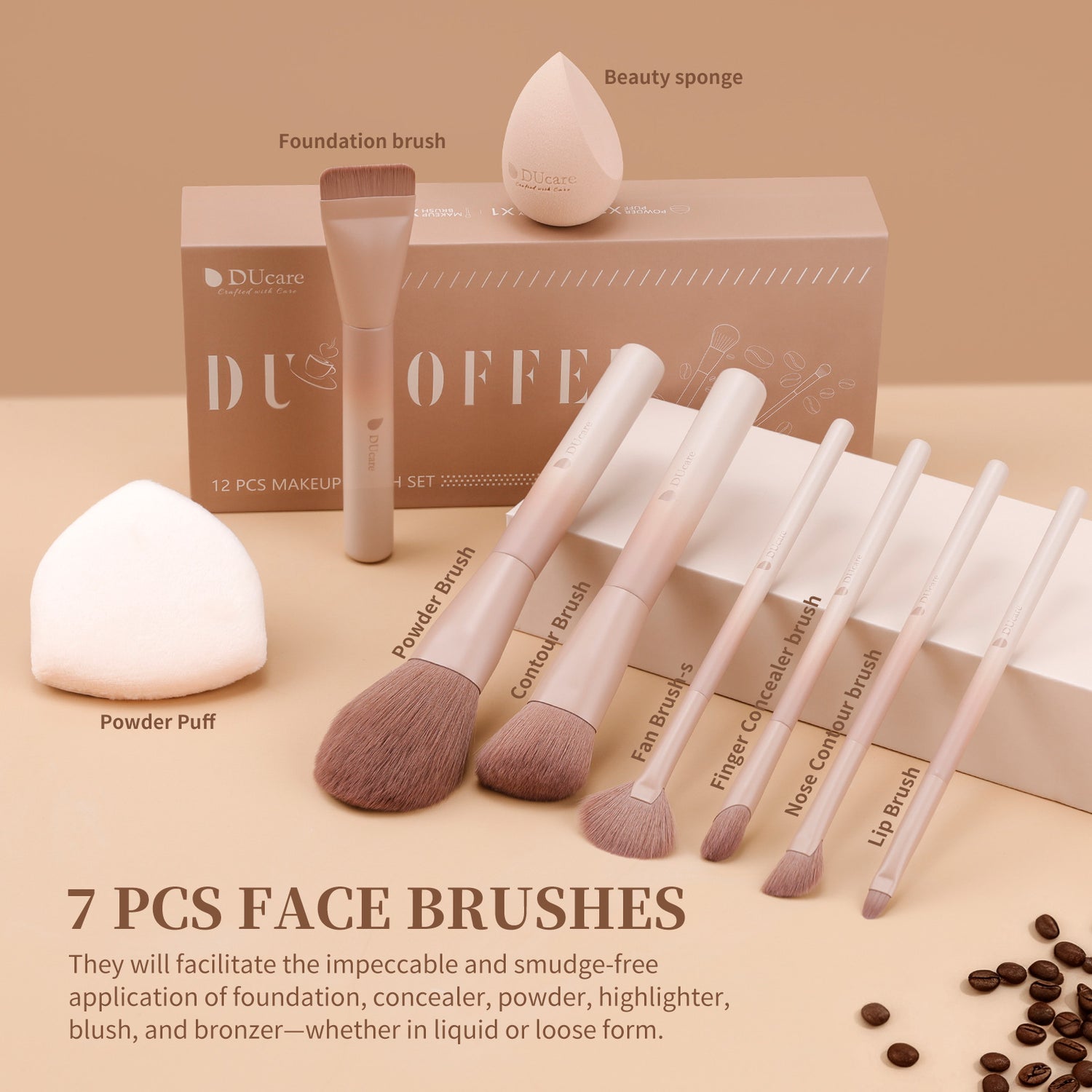 12PCS Ultimate Coffee Glamour Makeup Brush Set with Sponge, Puff & Portable Storage Box