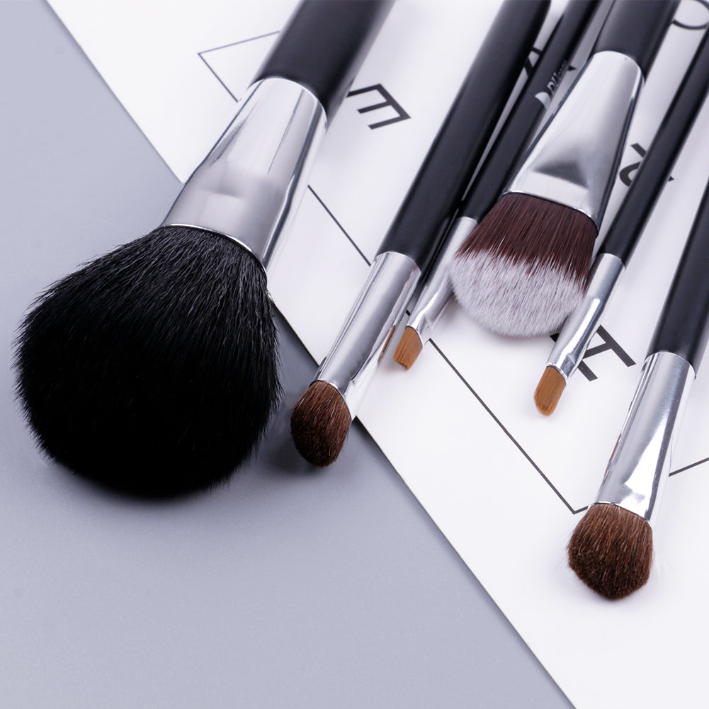 6-Piece Classic Black Face & Eye Brushes with Travel Pouch