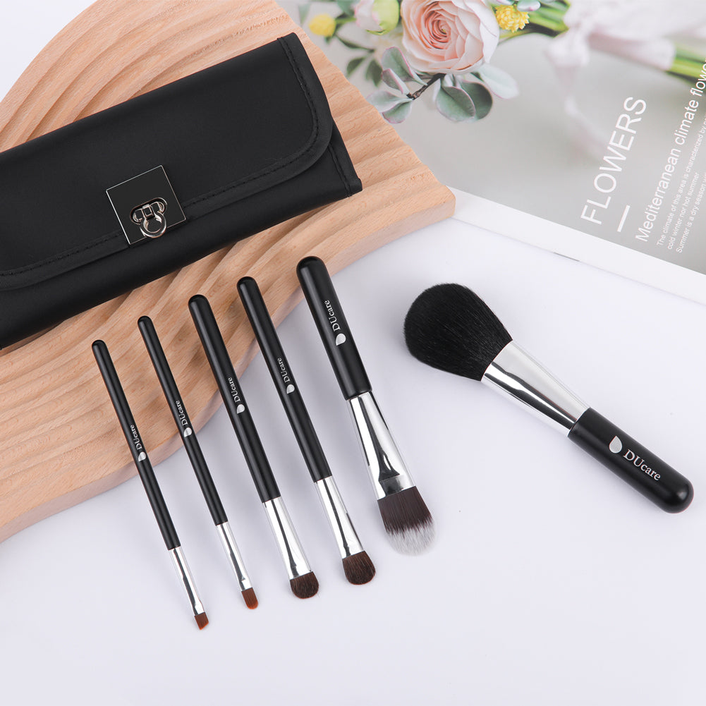 6-Piece Classic Black Face & Eye Brushes with Travel Pouch