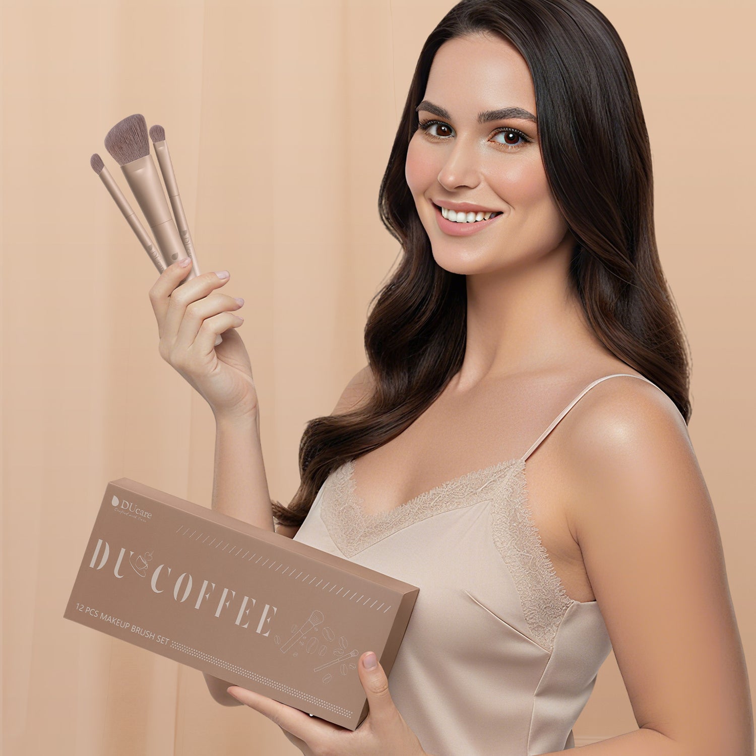 12PCS Ultimate Coffee Glamour Makeup Brush Set with Sponge, Puff & Portable Storage Box