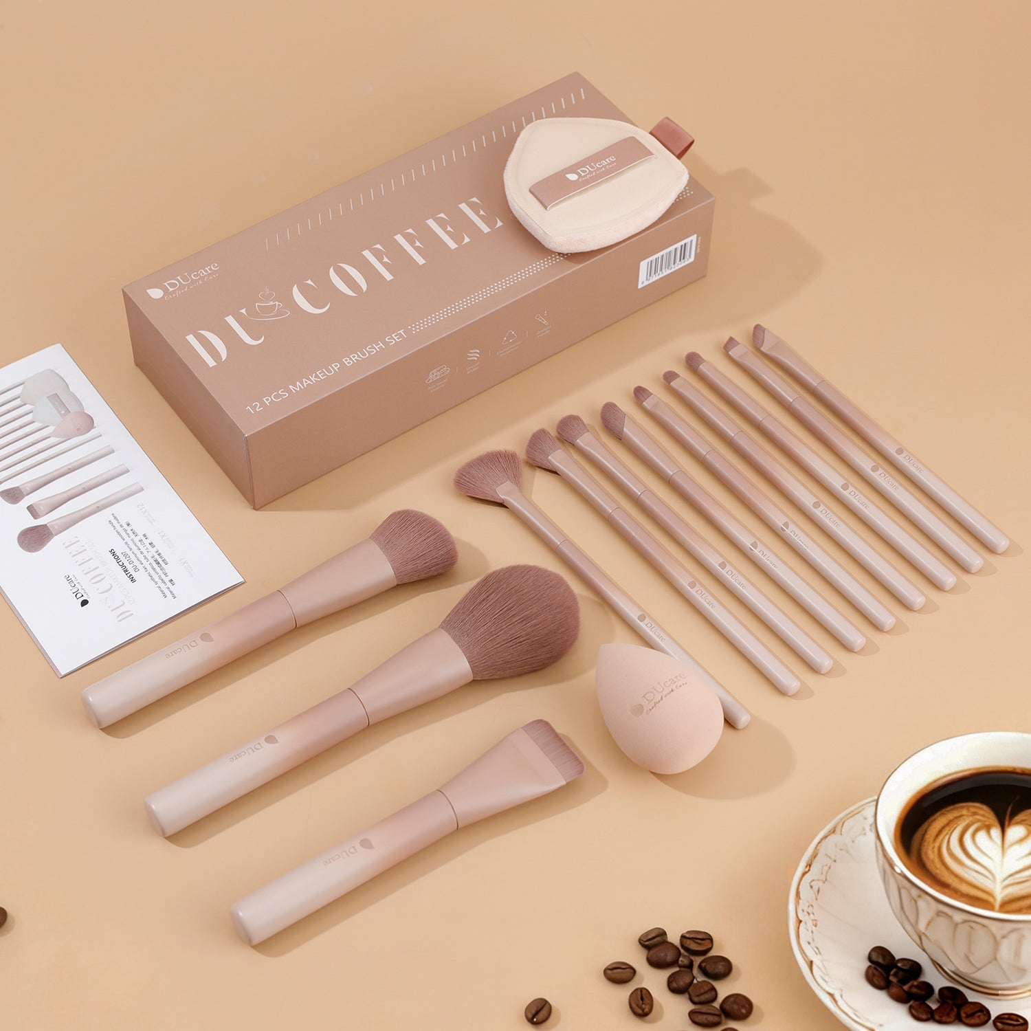 12PCS Ultimate Coffee Glamour Makeup Brush Set with Sponge, Puff & Portable Storage Box
