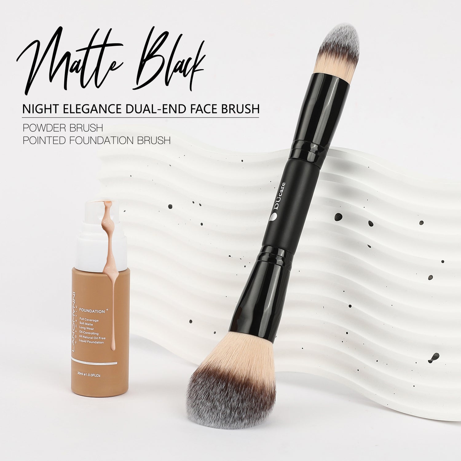 Matte Black Night Elegance Dual-End Powder Brush & Pointed Foundation Brush
