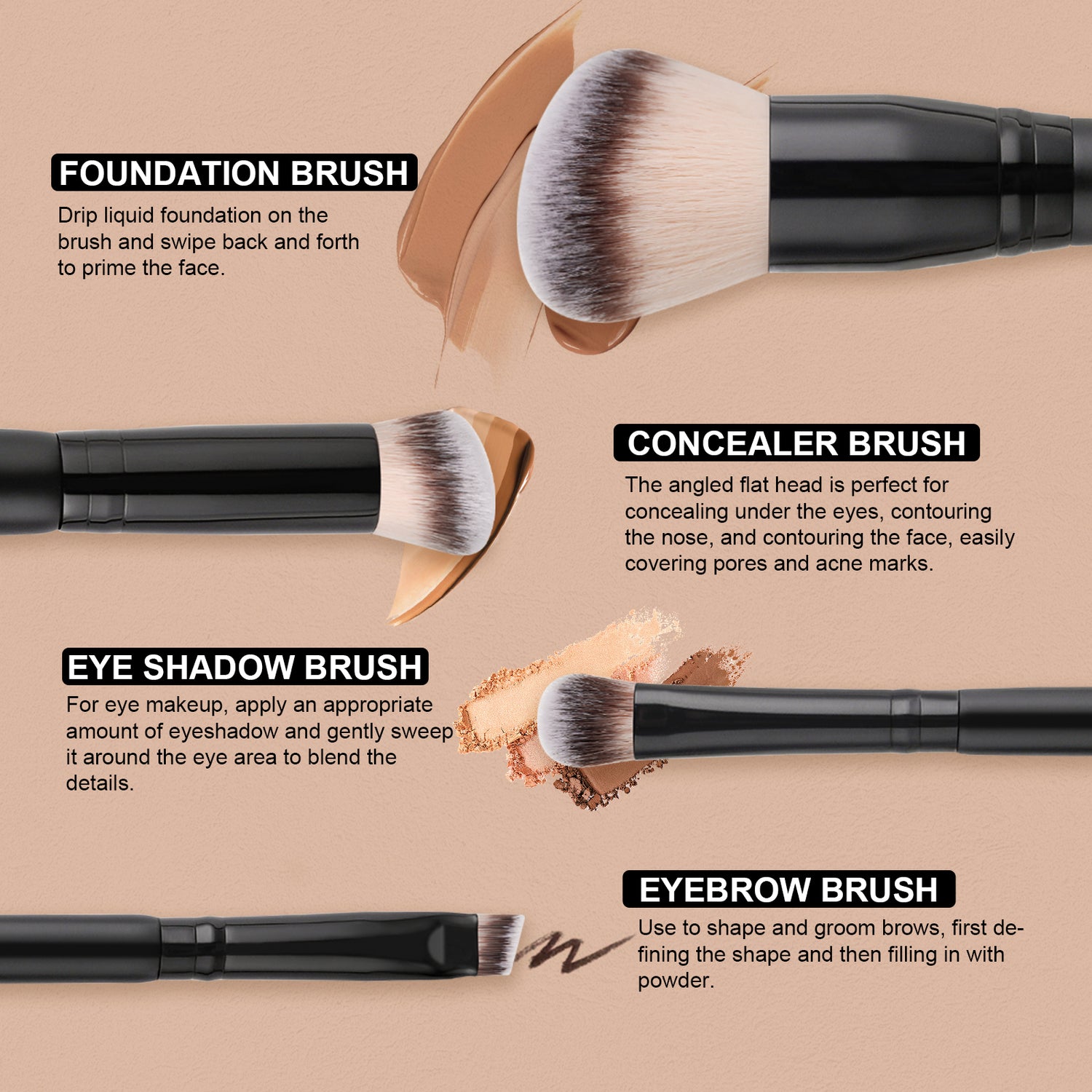 Matte Black 2Pcs Dual-End Face Brush Set