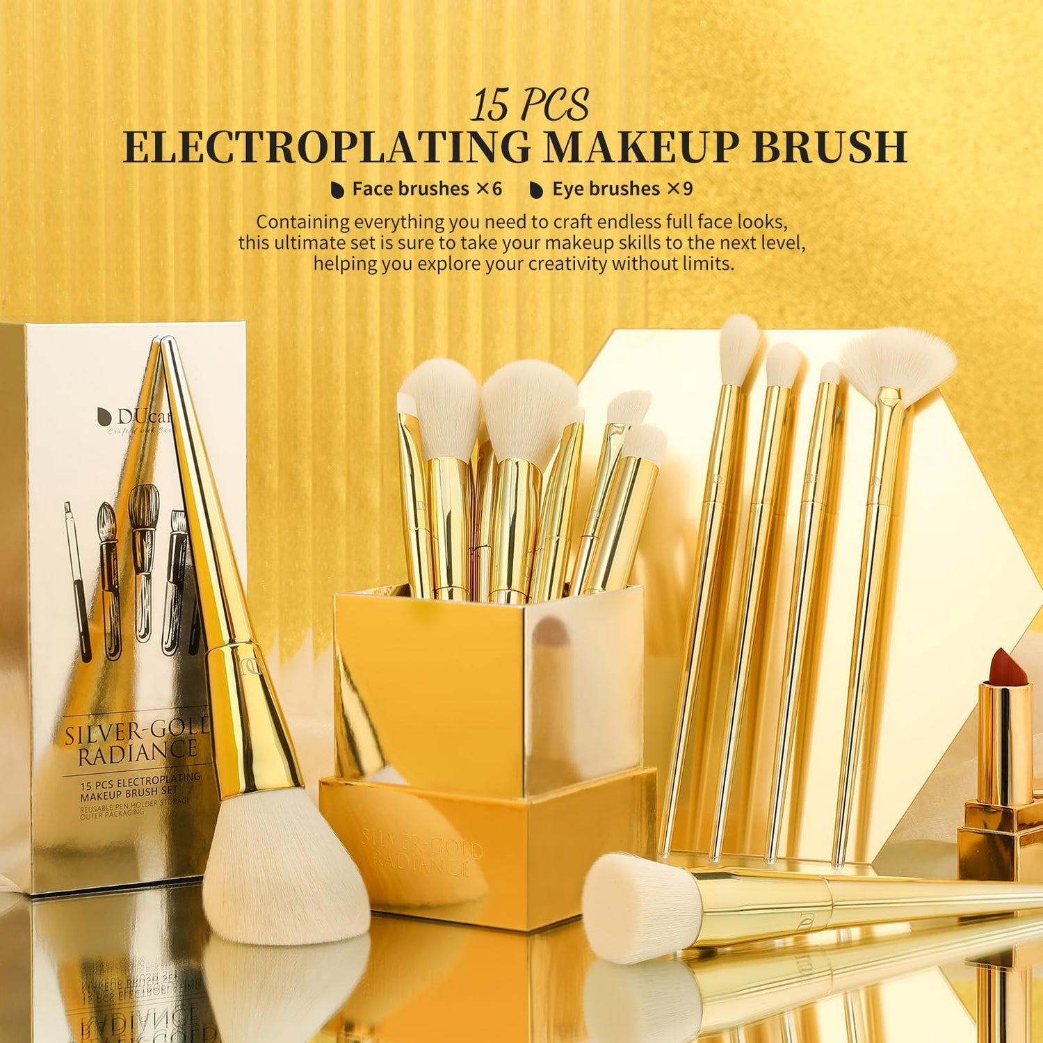 Silver-Gold Radiance Luxury Pro 15Pcs Face & Eye Brush Set with Holder