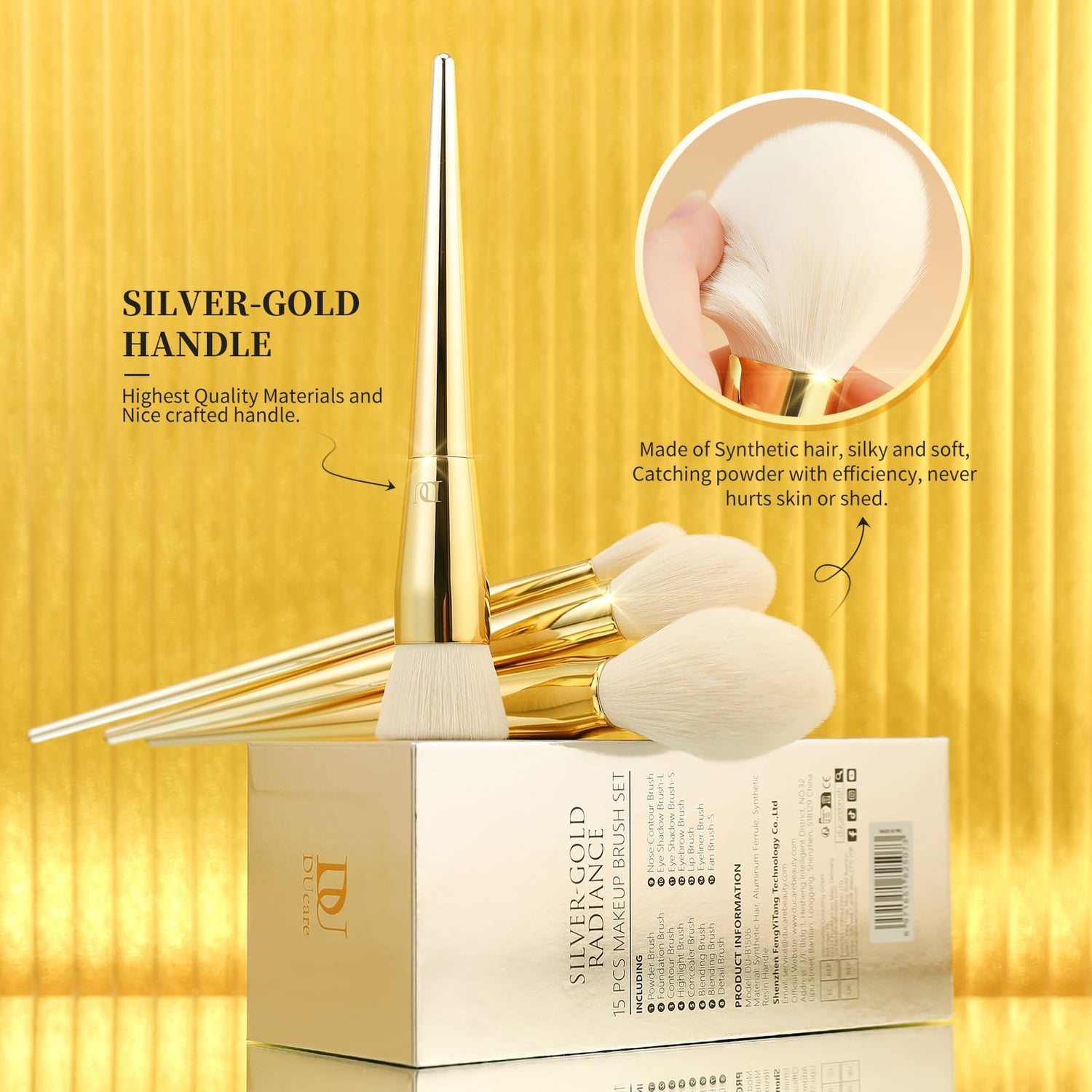 Silver-Gold Radiance Luxury Pro 15Pcs Face & Eye Brush Set with Holder