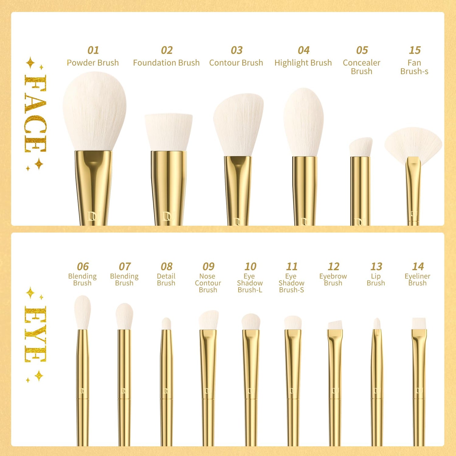 Silver-Gold Radiance Luxury Pro 15Pcs Face & Eye Brush Set with Holder