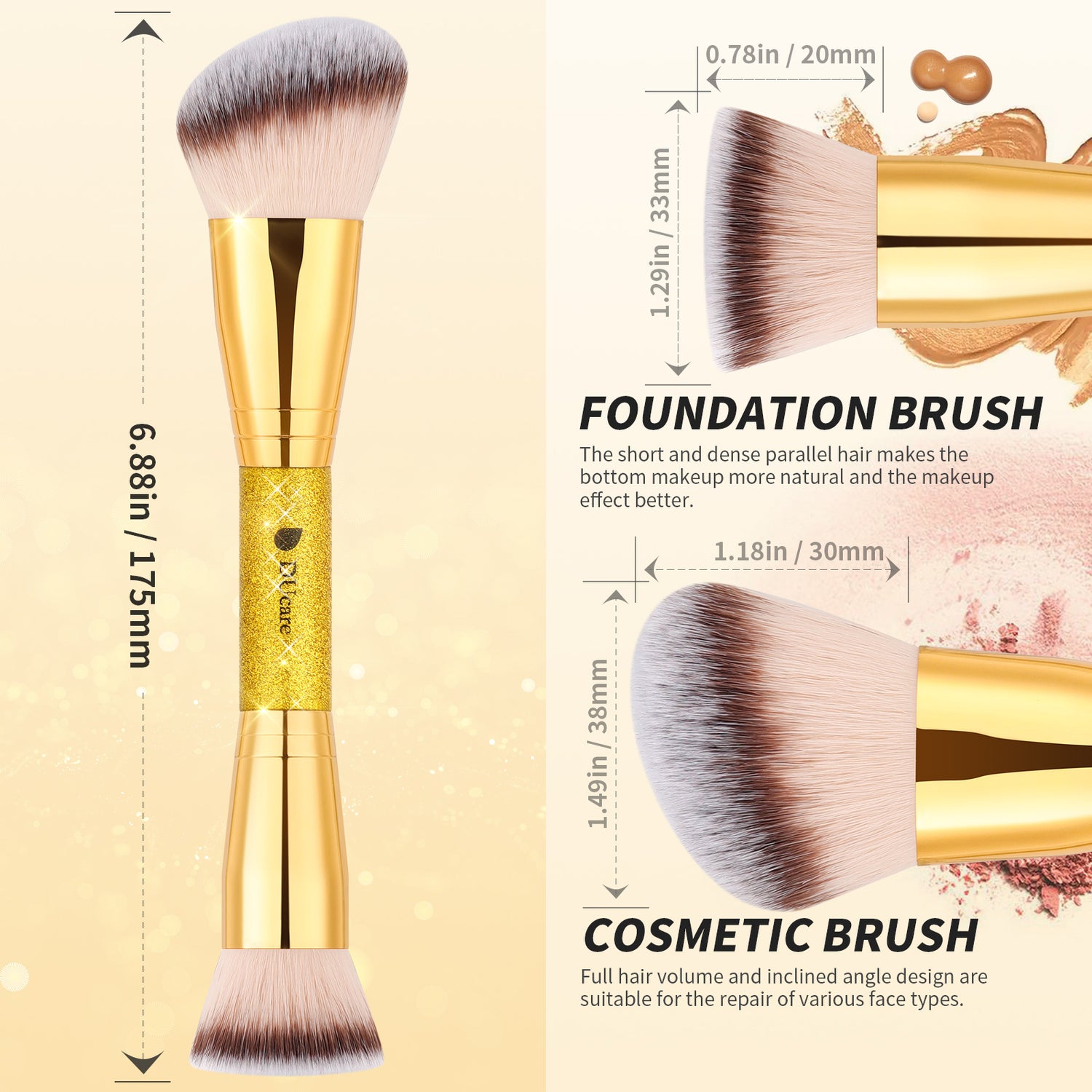 Afterglow Luxurious Gold 2Pcs Dual-end Face Brush Set-Powder Brush Foundation Brush Contour Brush Blush Brush