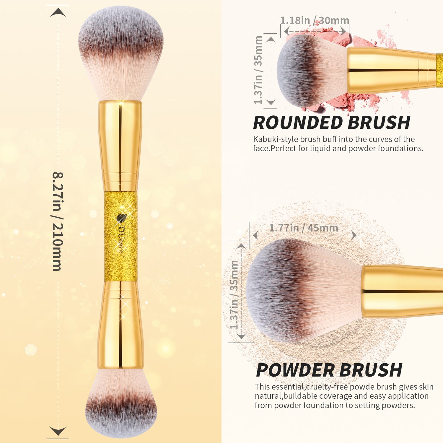 Afterglow Luxurious Gold 2Pcs Dual-end Face Brush Set-Powder Brush Foundation Brush Contour Brush Blush Brush