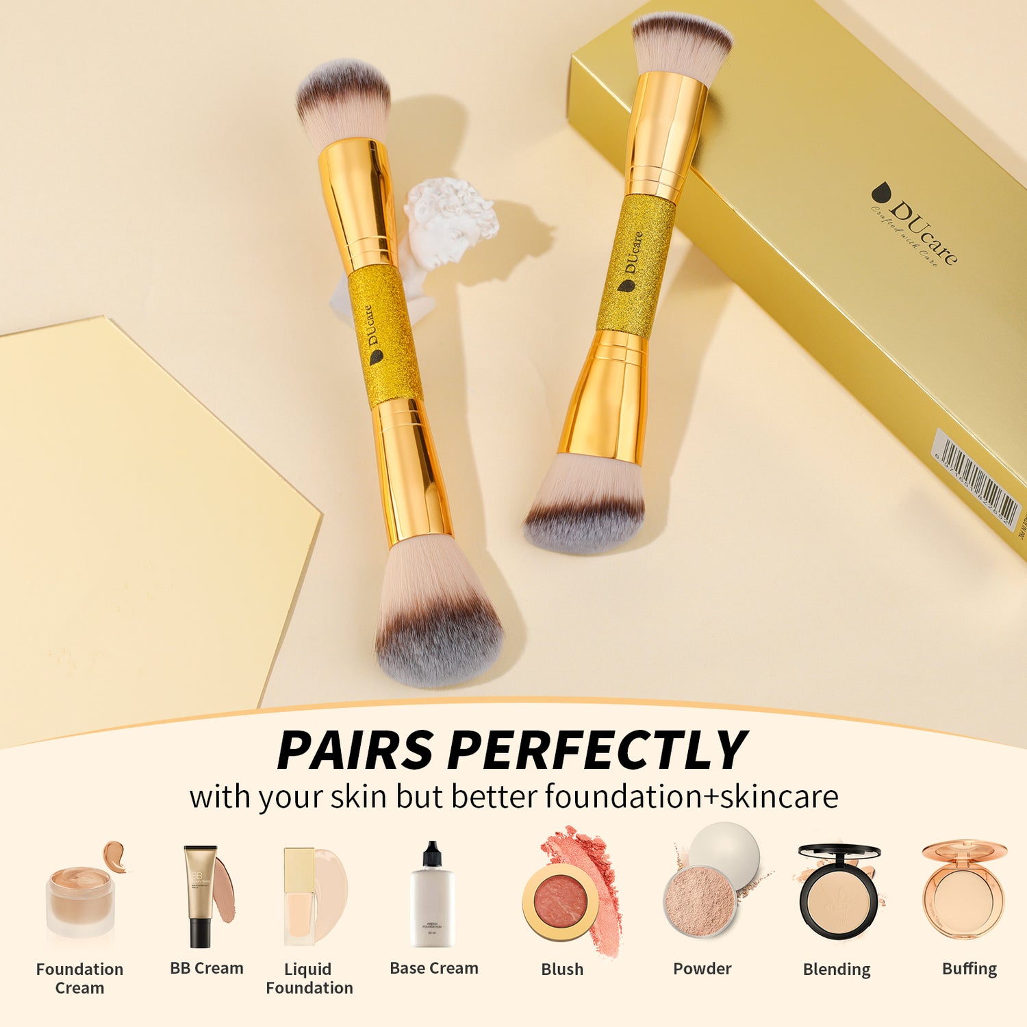Afterglow Luxurious Gold 2Pcs Dual-end Face Brush Set-Powder Brush Foundation Brush Contour Brush Blush Brush