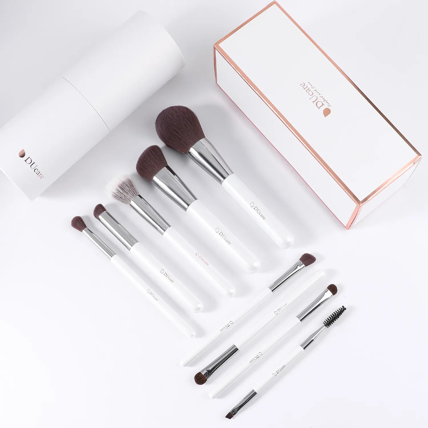 White 9Pcs Face & Eye Brush Set with Holder