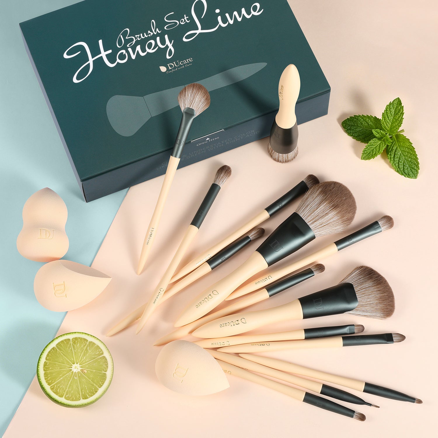 Lime Mojito Natural Touch Face & Eye Brush Set with Makeup Sponges