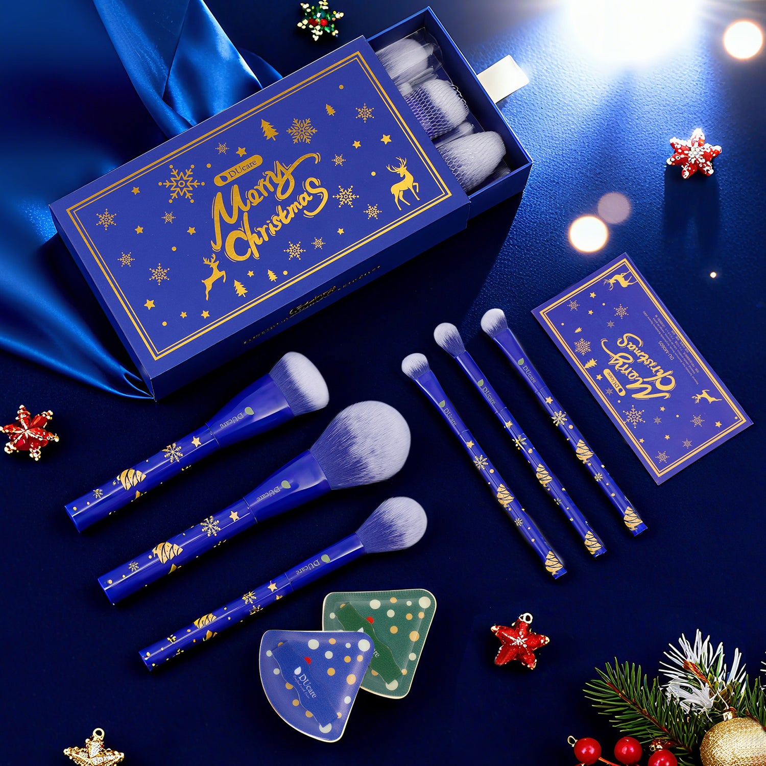 Festive Face Essentials 6-Piece Makeup Brush Set with 2 Puffs