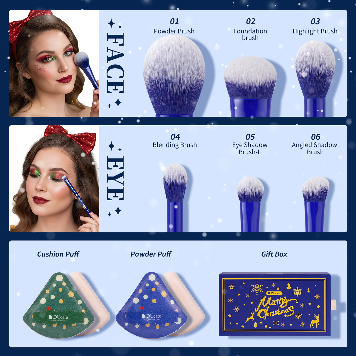 Festive Face Essentials 6-Piece Makeup Brush Set with 2 Puffs