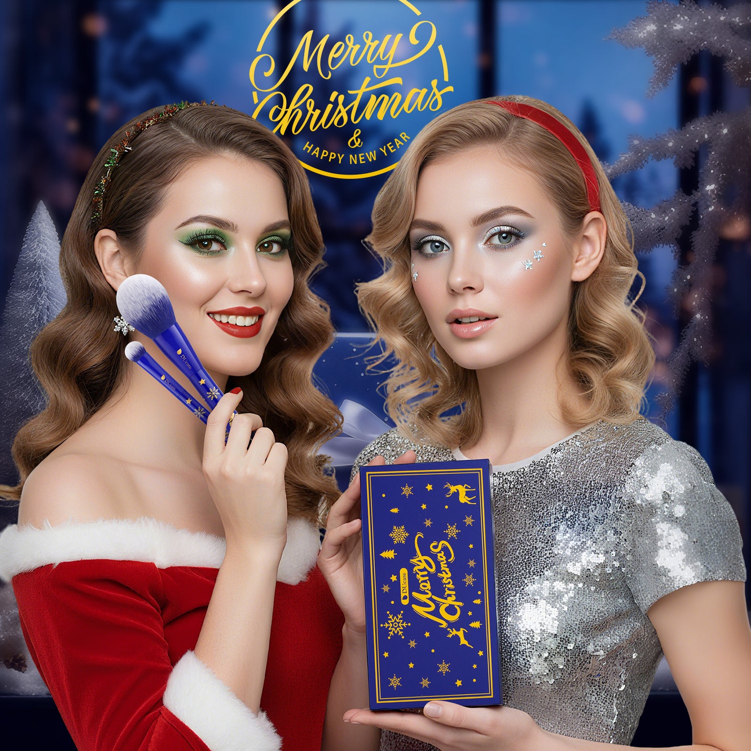 Festive Face Essentials 6-Piece Makeup Brush Set with 2 Puffs