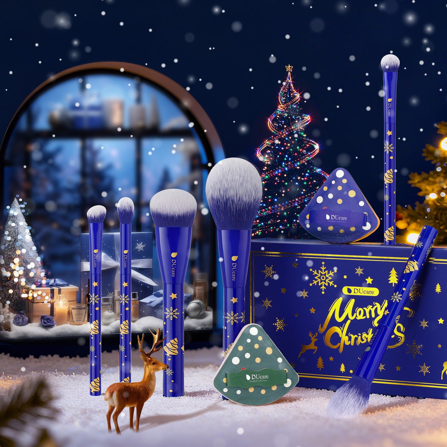 Festive Face Essentials 6-Piece Makeup Brush Set with 2 Puffs