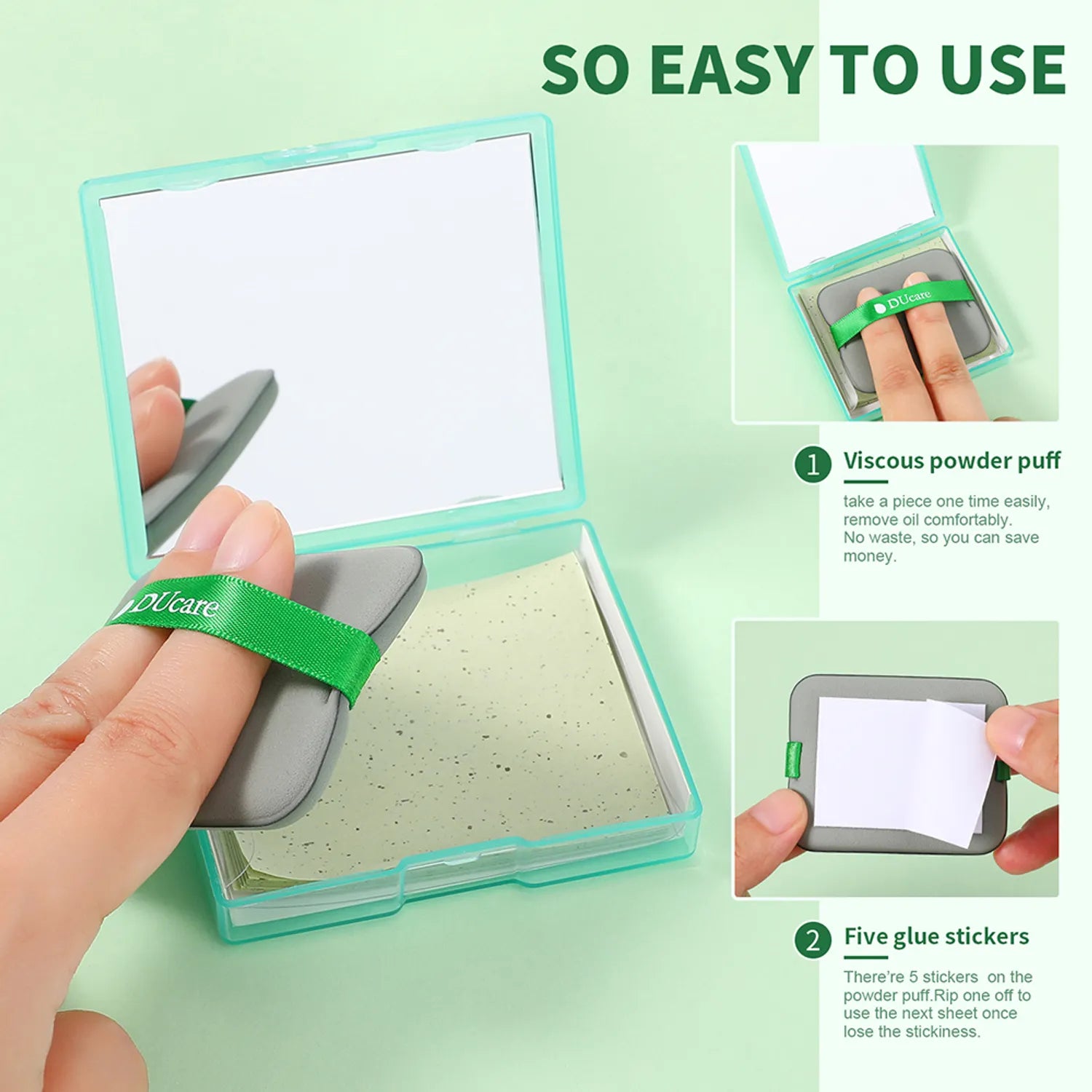 DUcare Green Tea Oil Absorbing Sheets with Portable Mirror Case & Makeup Puff