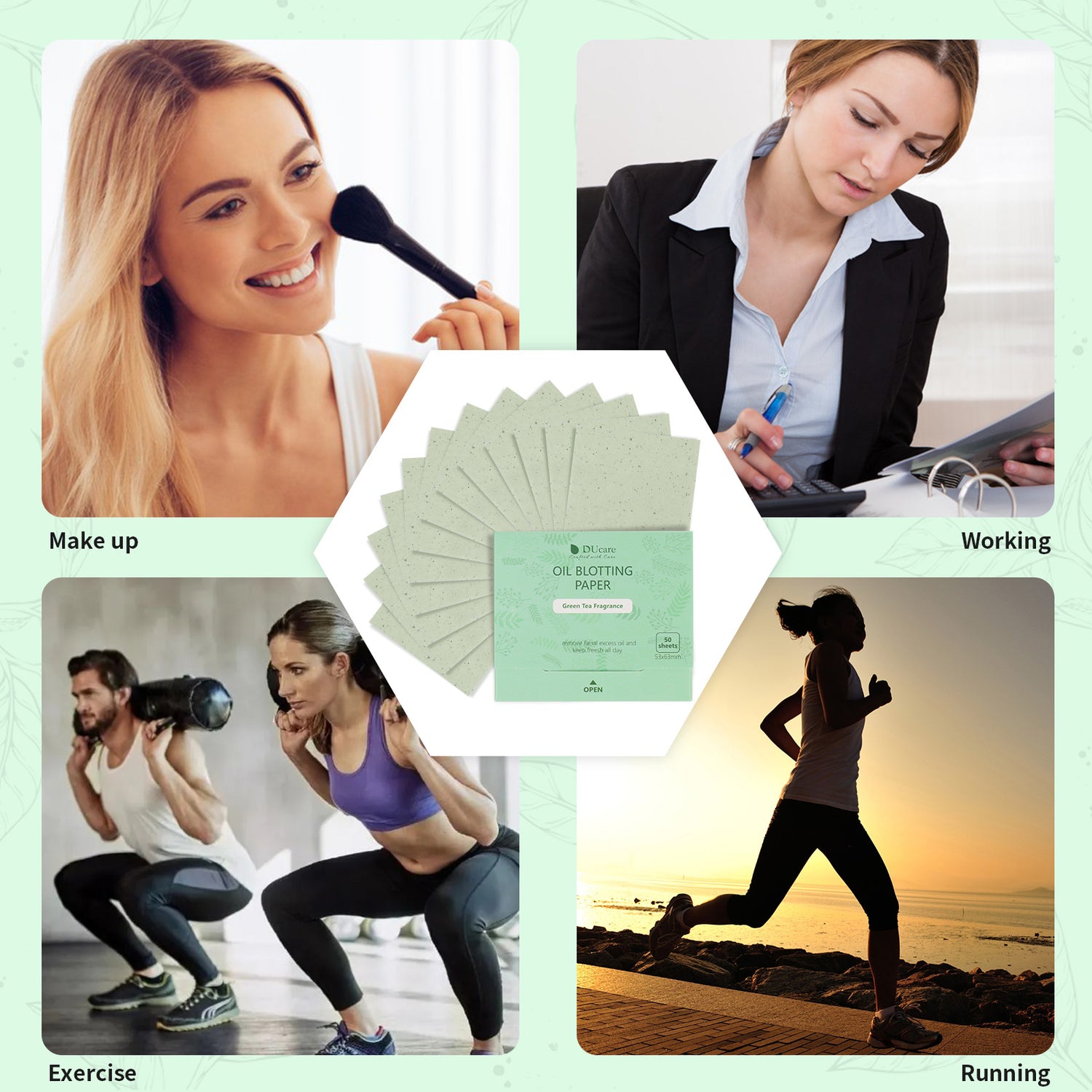 DUcare Green Tea Oil Blotting Sheets with Portable Mirror Case & Makeup Puff