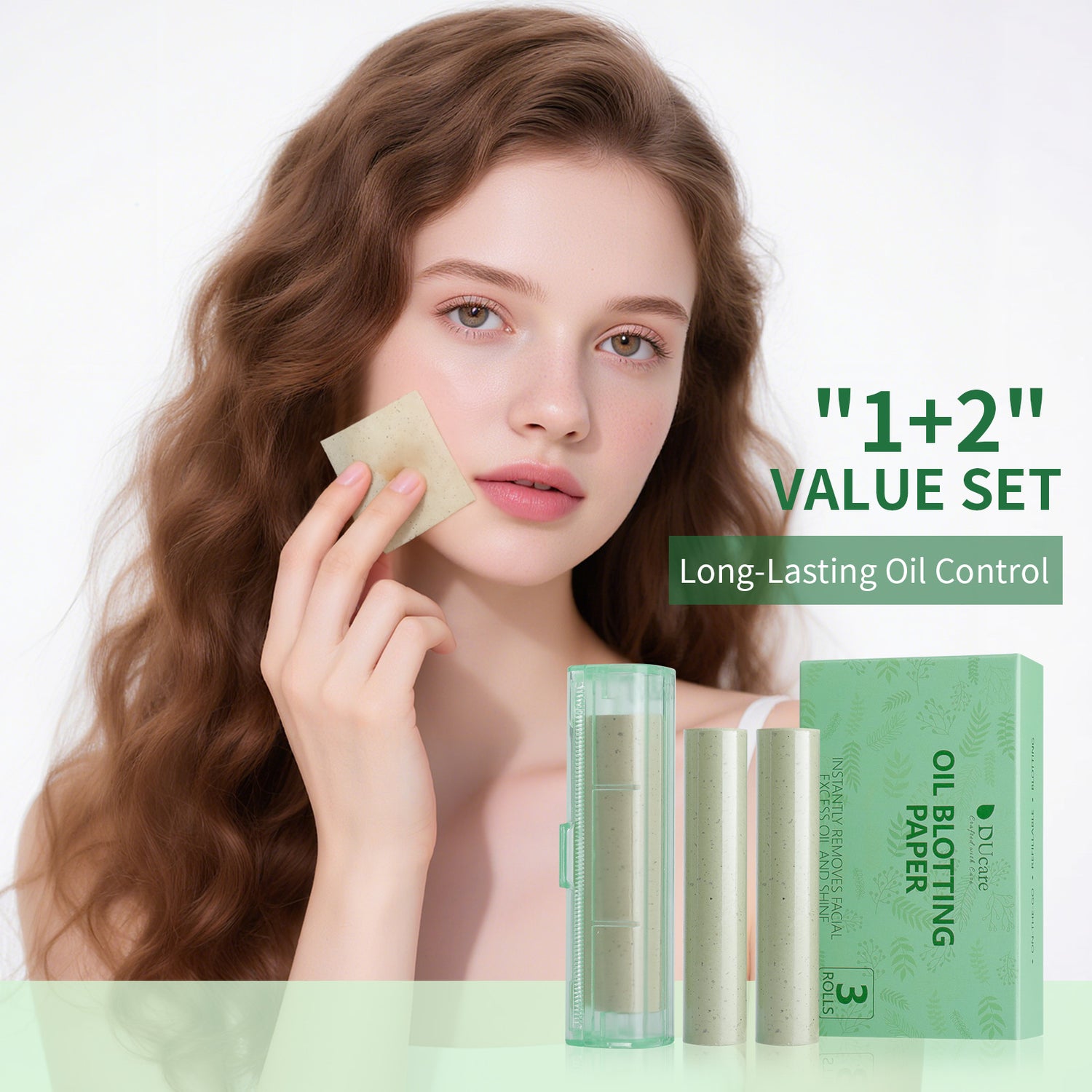 DUcare Green Tea Oil Blotting Sheets with Portable Mirror Case & Makeup Puff
