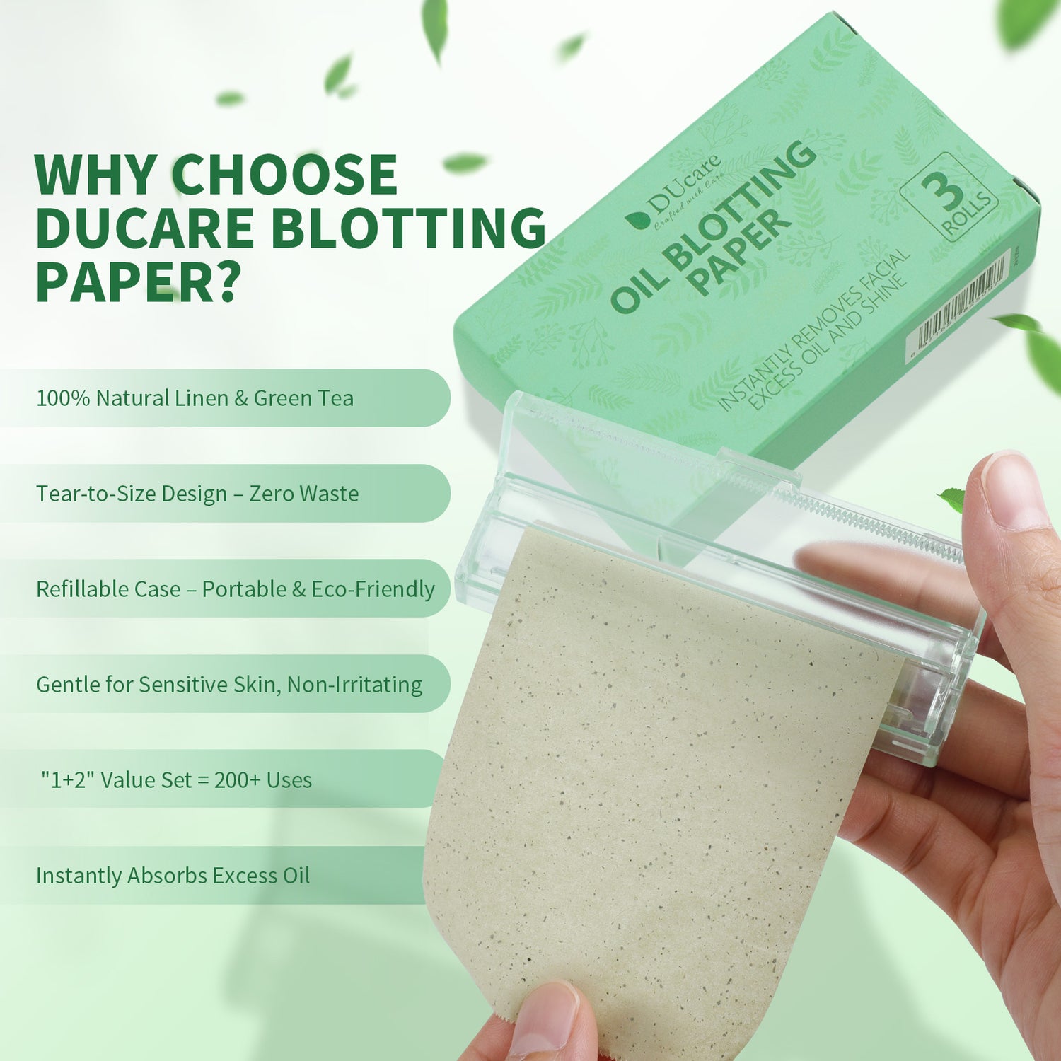 DUcare Green Tea Oil Blotting Sheets with Portable Mirror Case & Makeup Puff