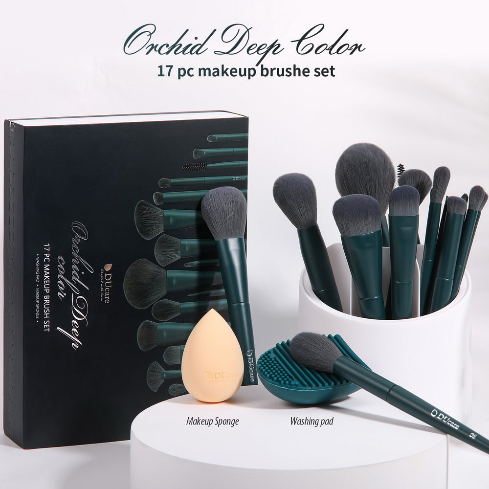 Dark Turquoise Vegan Pro Face & Eye Brush Set (17+2 Pcs)