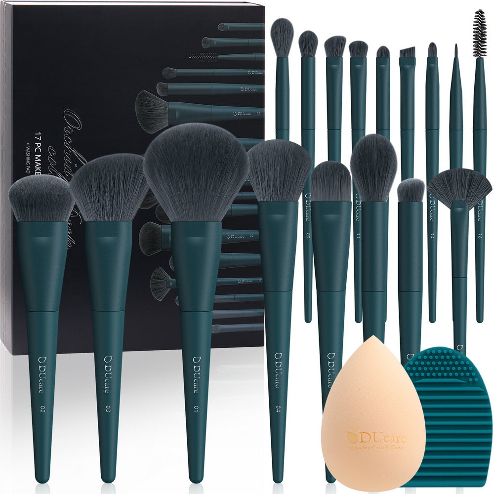 Dark Turquoise Vegan Pro Face & Eye Brush Set (17+2 Pcs)